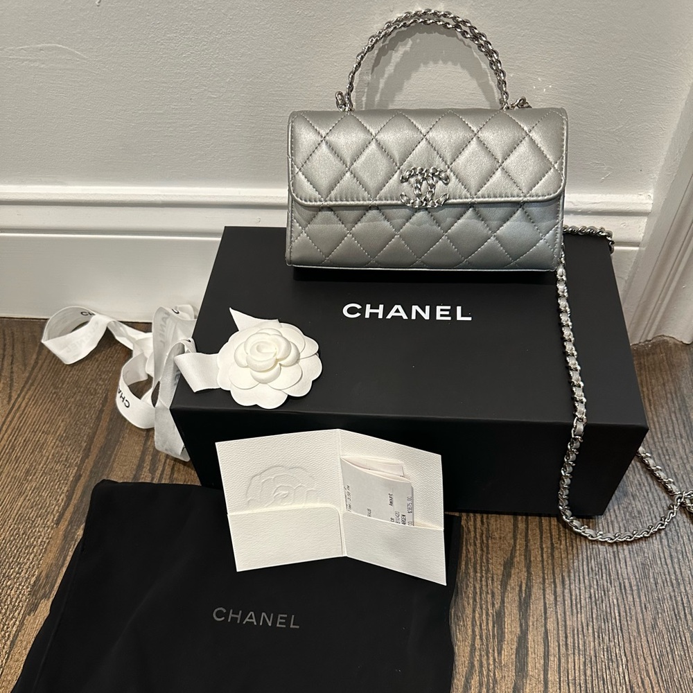 CHANEL Lambskin Quilted Chain Top Handle Phone Holder With Chain